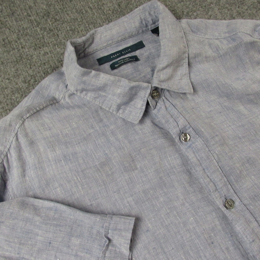 Perry Ellis Shirt Mens 2XL‎ Blue 100% Linen Button Up Short Sleeve Summer Casual